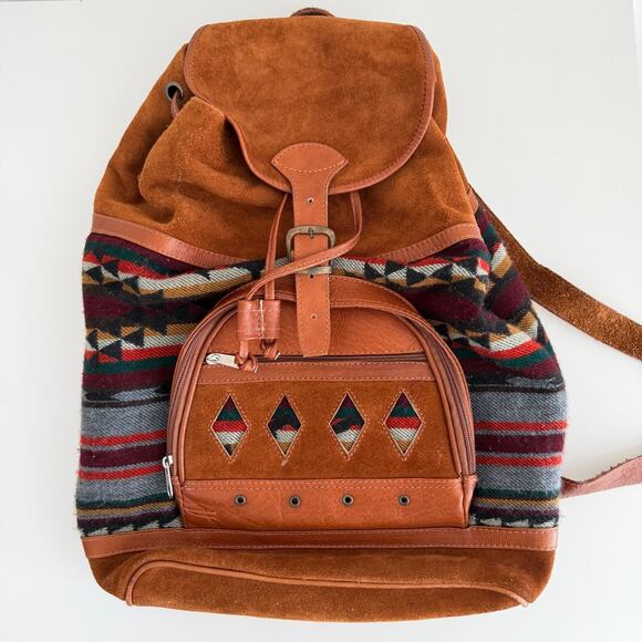 Vintage Suede Leather Woven Backpack Handmade Southwestern Navajo Aztec Tapestry main image 11